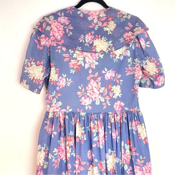 Vintage Laura Ashley Blue Floral Button-Up Dress Tie Collar Cottagecore Praire - Picture 6 of 10